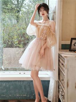Picture of Lovely Light Pink and Champagne Short Prom Dresses with Lace Applique. Short Homecoming Dress